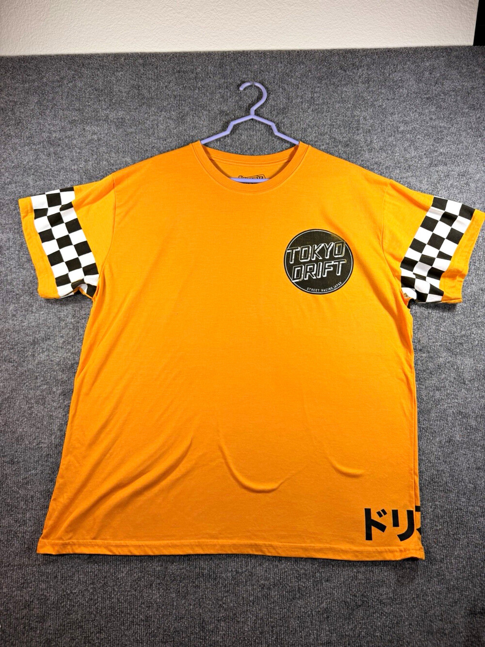 FRESH LAUNDRY Tokyo Drift Racing Graphic Tee Checkered Sleeves Orange 3XL B&T